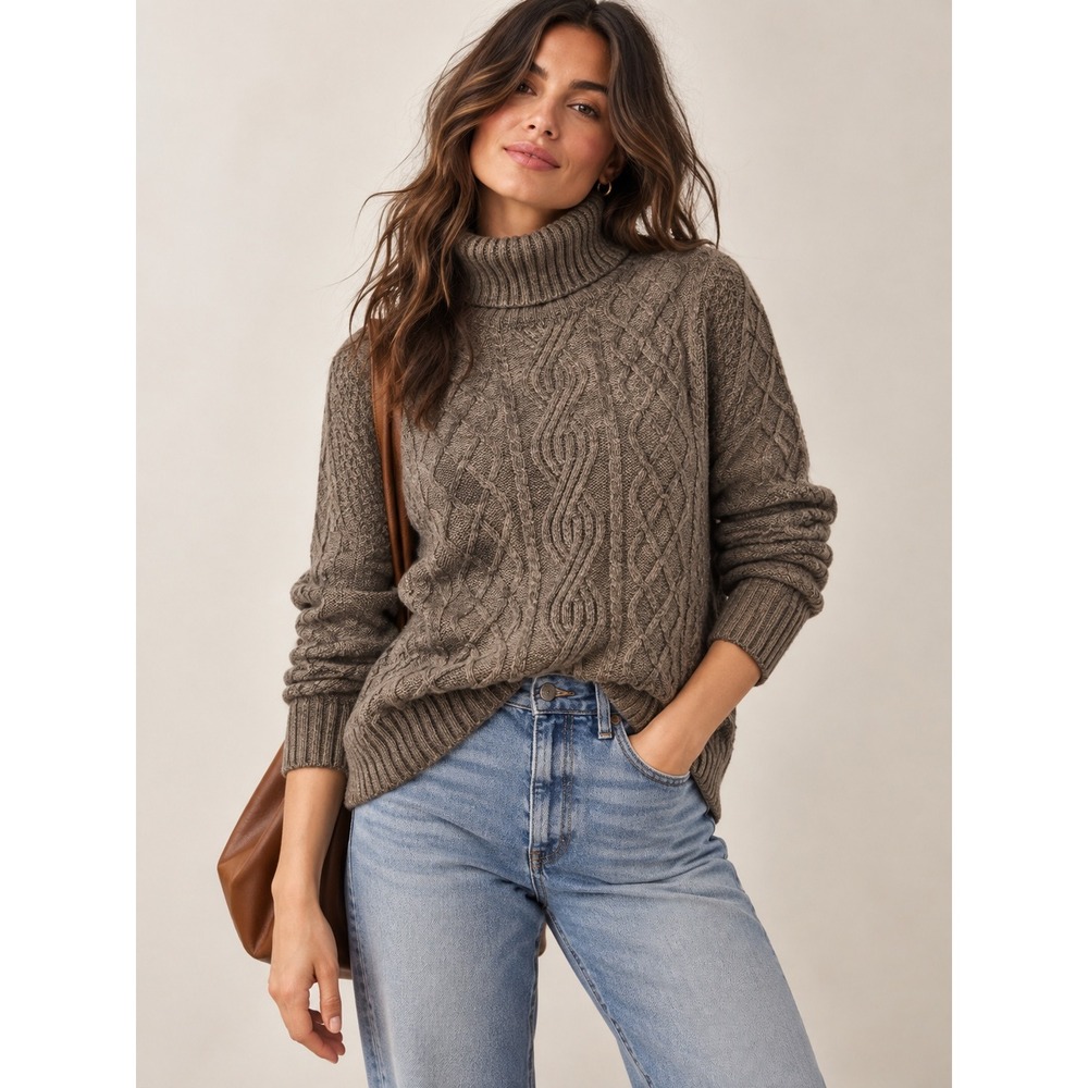 Moncrief Gray Cable Knit Wool Blend Turtleneck Sweater S Fisherman Cozy Preppy
